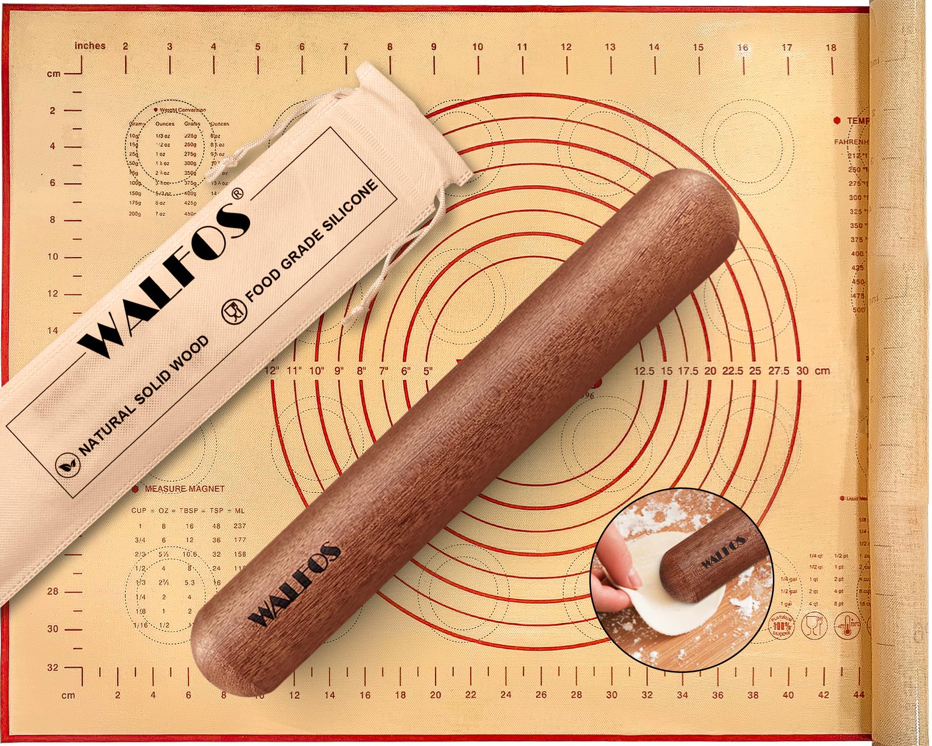 Walfos mini rolling pin set in natural wood, 8-inch, for smooth dough control.
