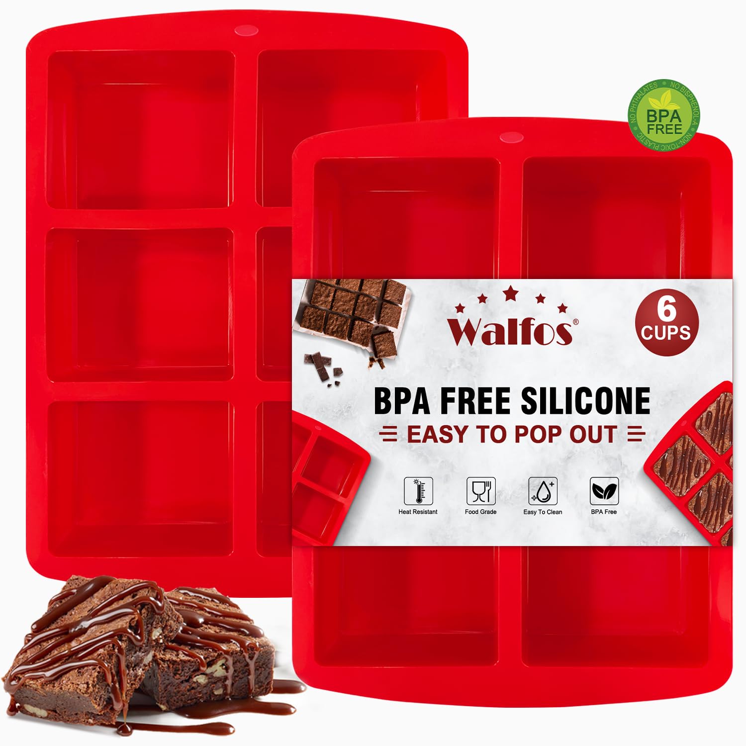 Walfos mini silicone brownie pan with 6 cavities for easy portion control and cleanup.