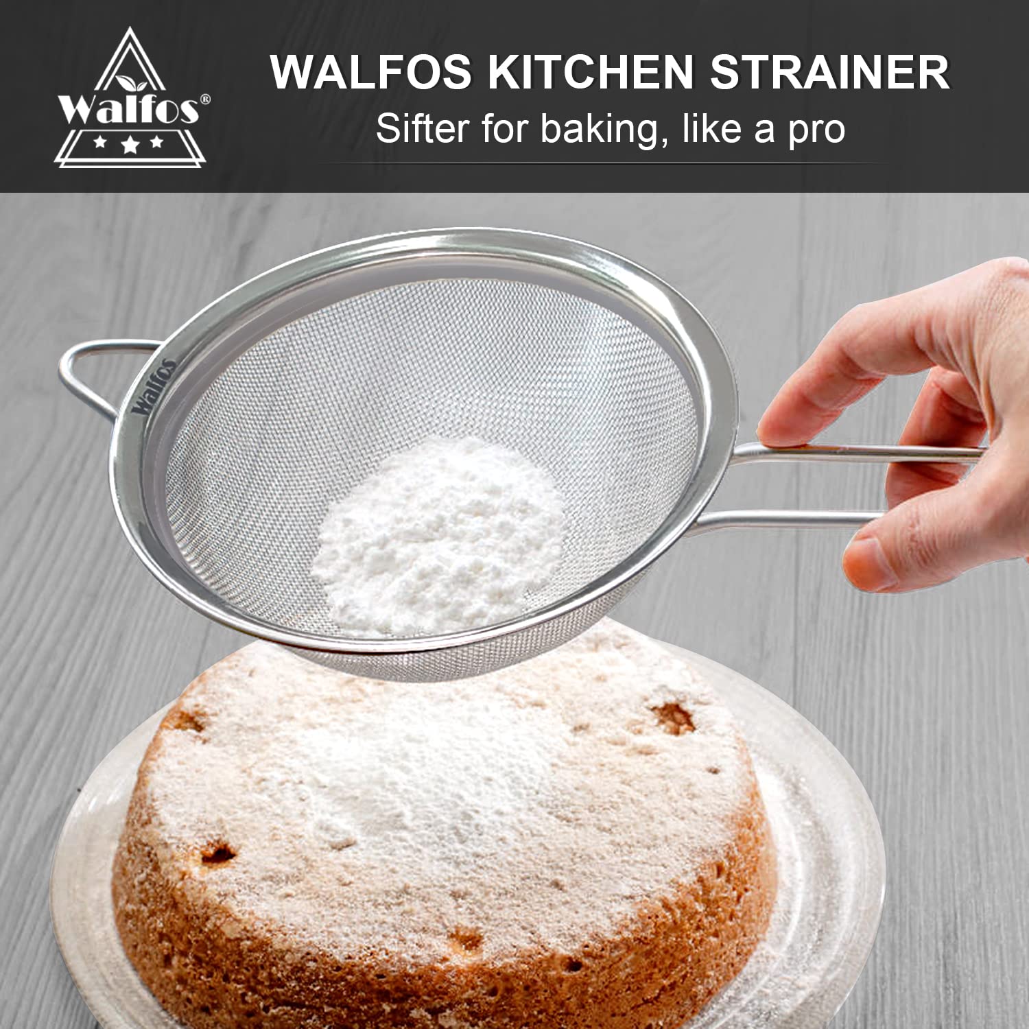 Walfos multi-use strainer handles tea, coffee, flour, and spices.