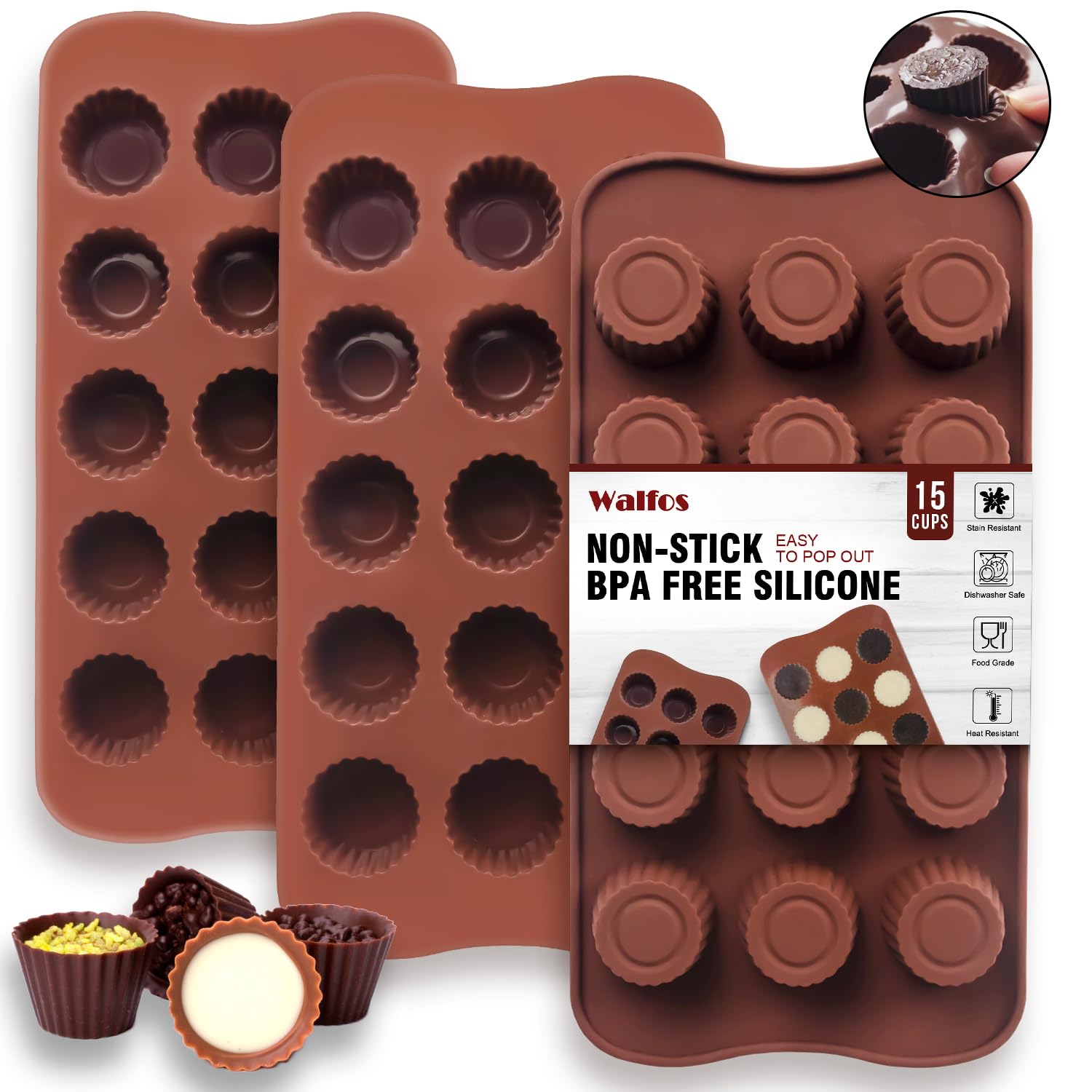 Walfos peanut butter cup mold enables easy, non-stick candy making at home.