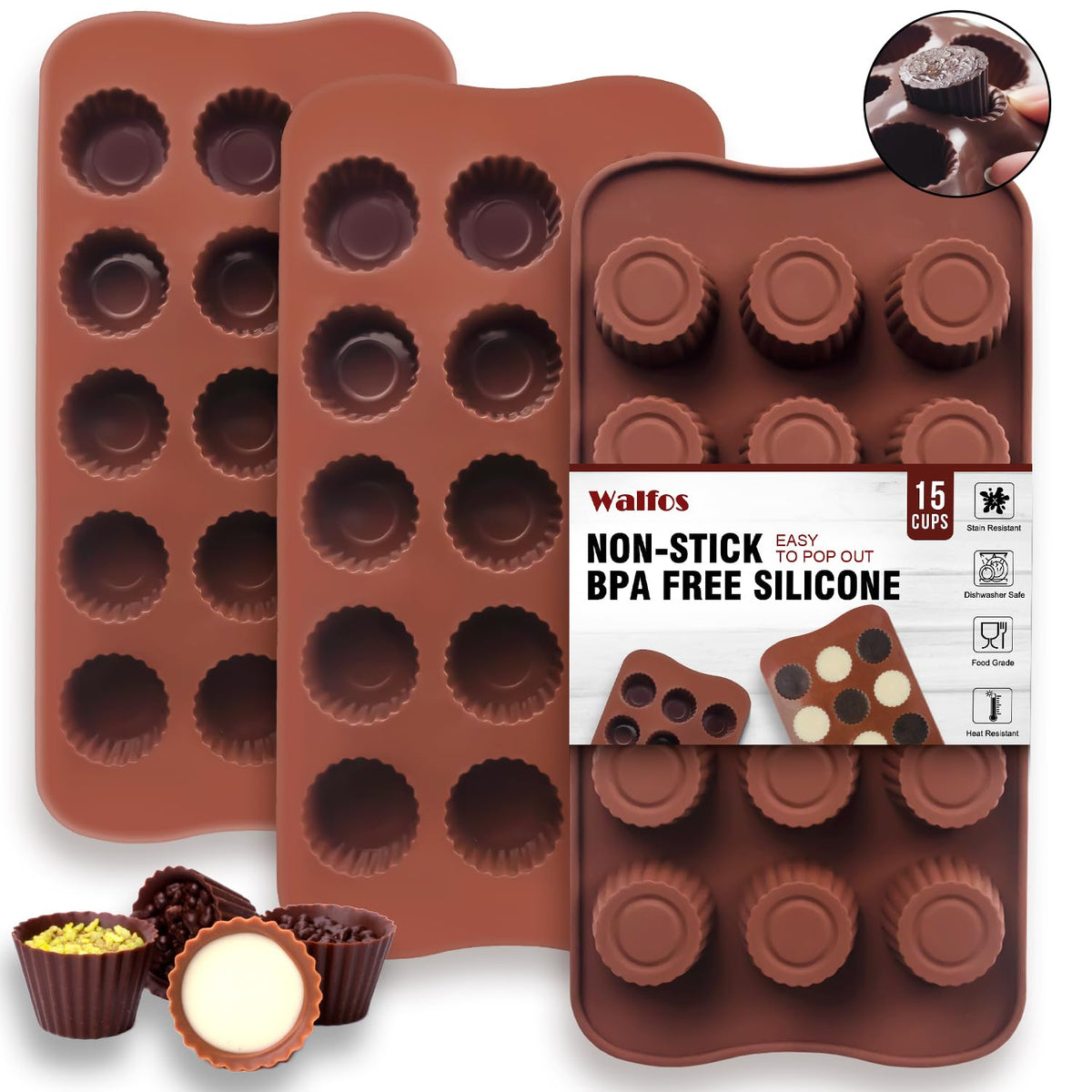 Walfos peanut butter cup mold enables easy, non-stick candy making at home.