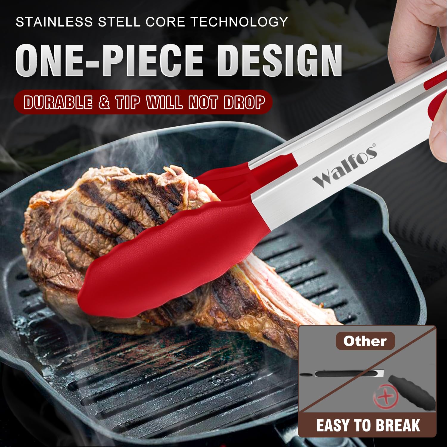 Pinzas Walfos de 9 pulgadas, seguras para cocinar carne caliente.