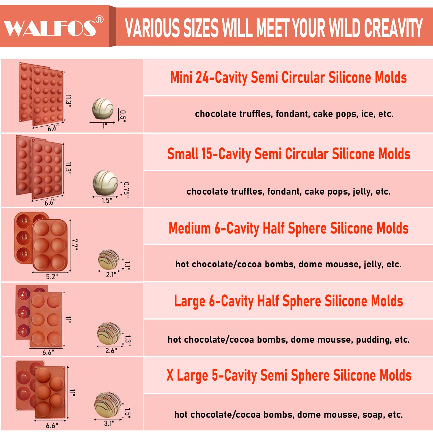 Walfos 5-cavity mold perfect for mousse domes and dessert portions.