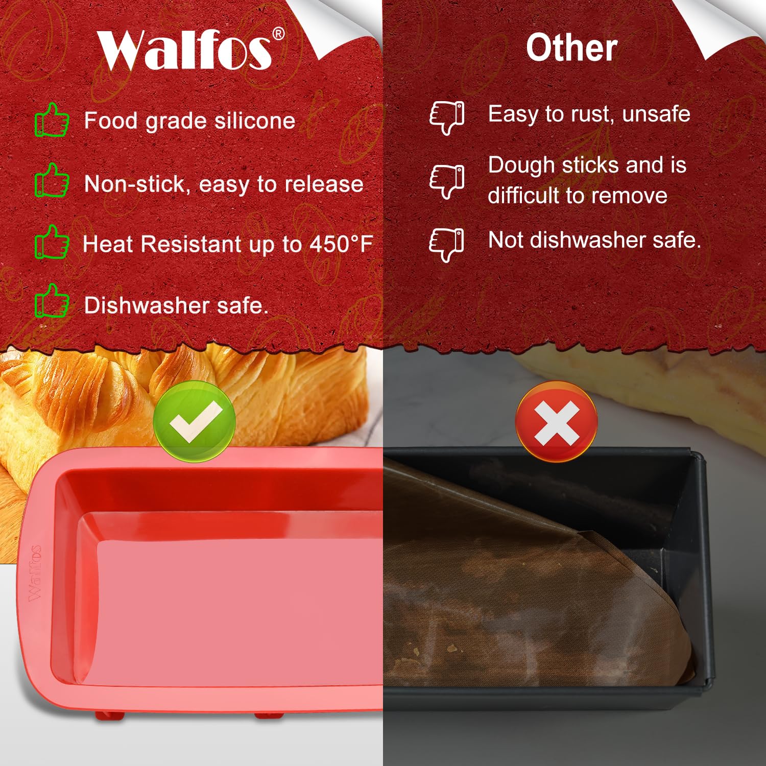 Walfos silicone bread loaf pan 2-pack enables easy release and quick cleanup.