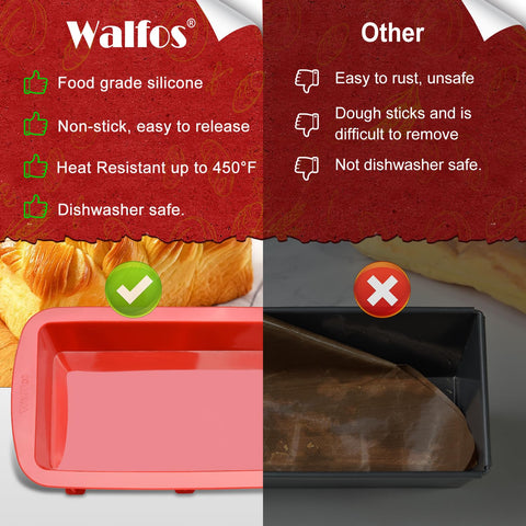 Walfos silicone bread loaf pan 2-pack enables easy release and quick cleanup.