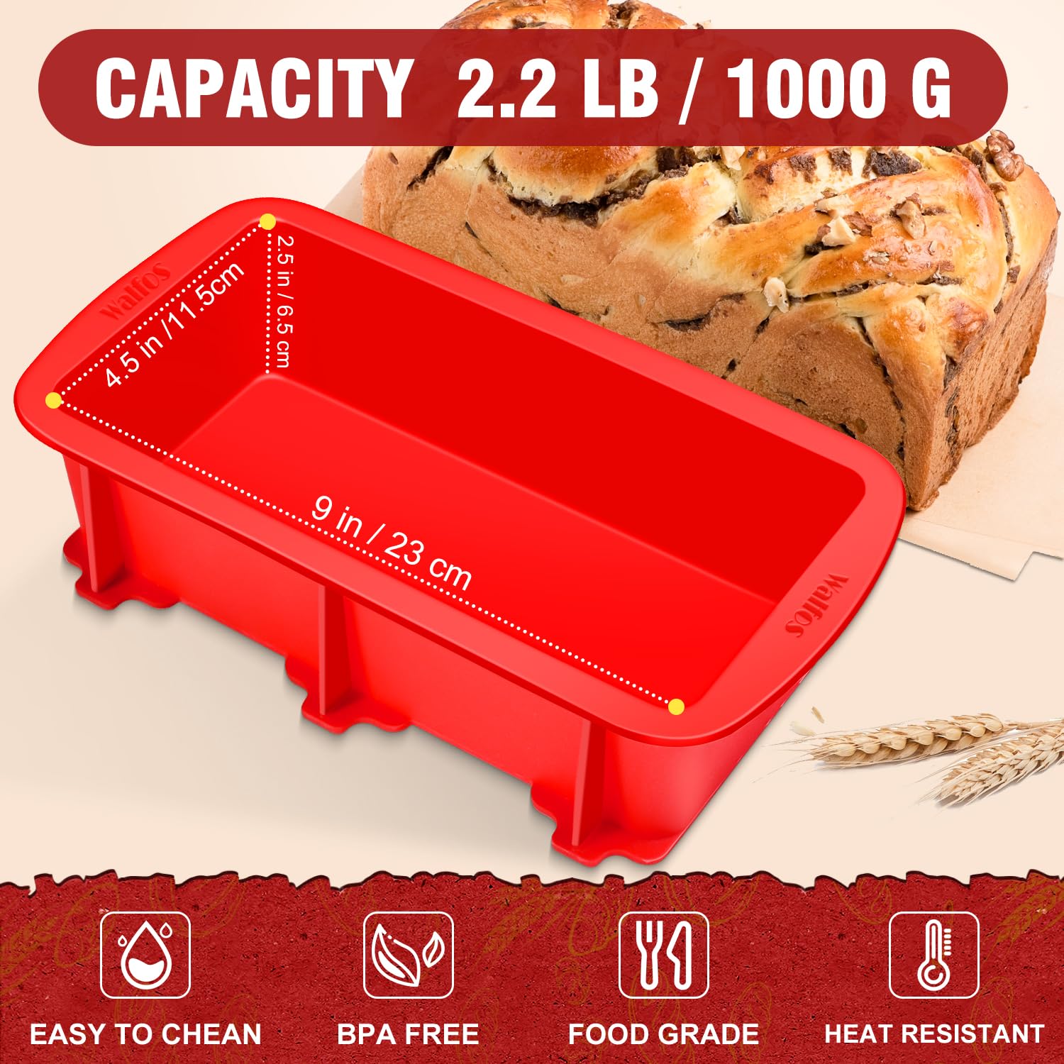 Walfos silicone bread pan supports meatloaf and banana bread with even heat.