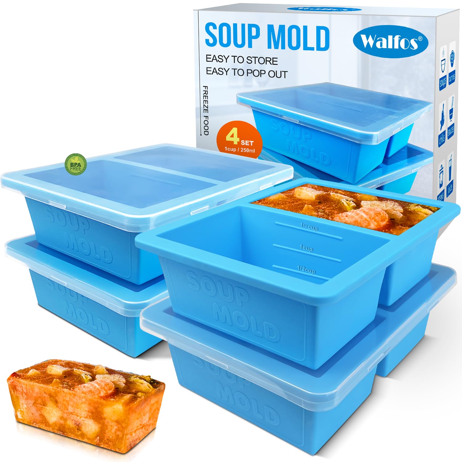 Walfos silicone freezer tray with blue lid for easy portioned meal prep.