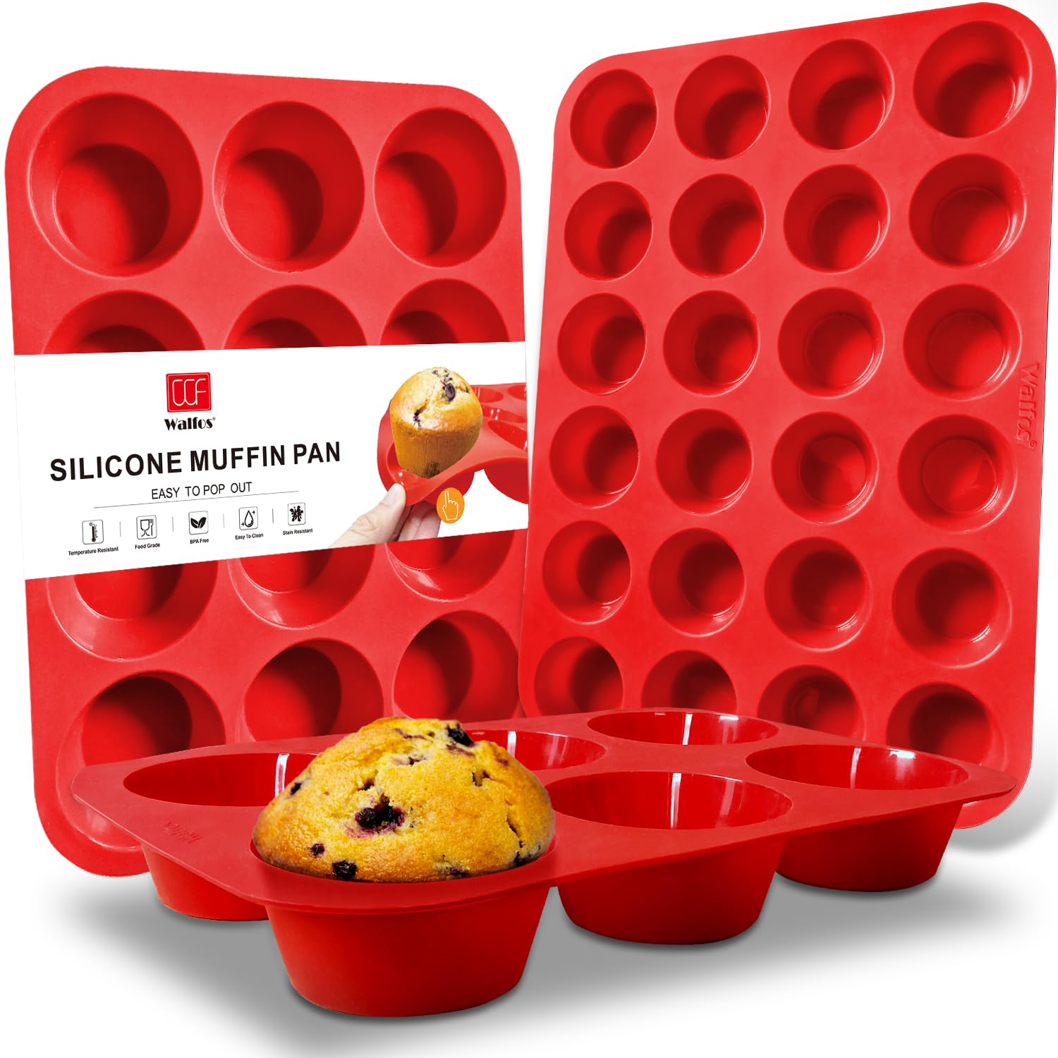 Walfos silicone muffin pan with regular 12-cup section for easy release and even baking.