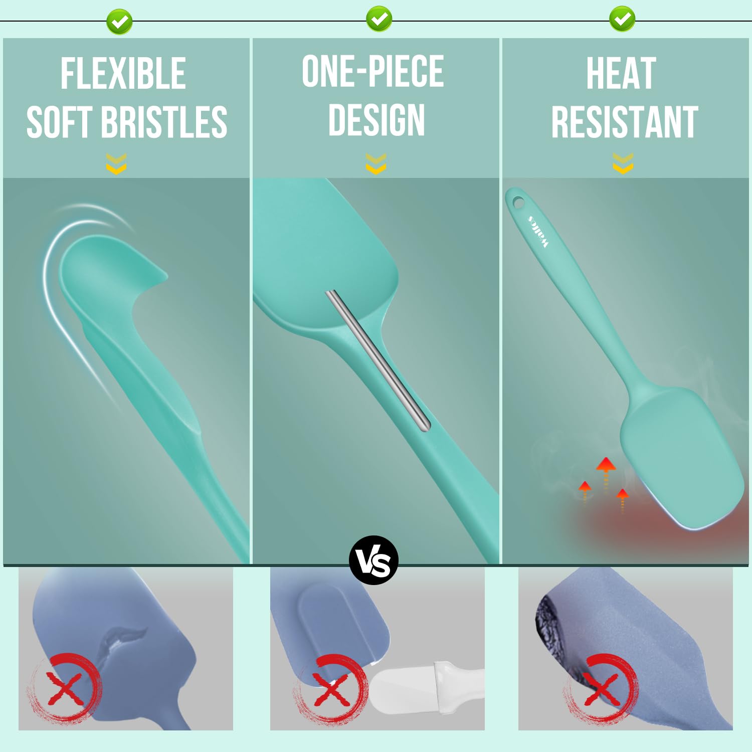Walfos silicone spatula teal set helps protect non-stick cookware and prevent scratching.