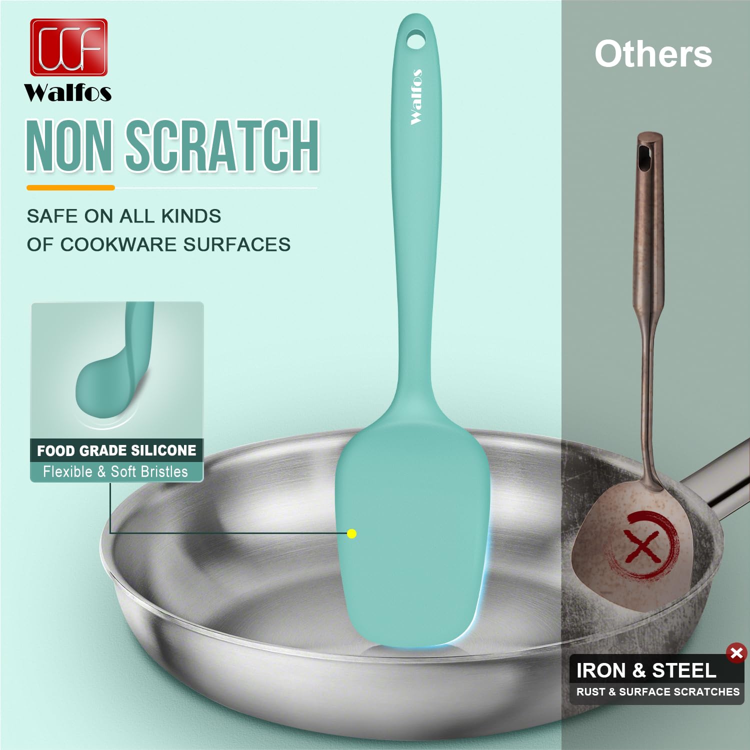Walfos silicone spatula 600°F heat resistance for high-heat cooking and baking.