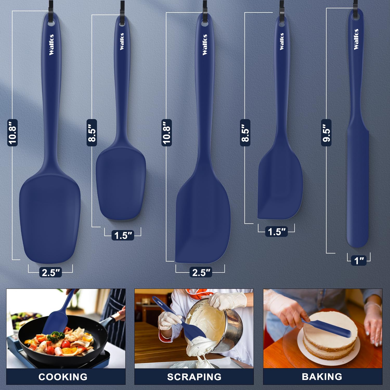 Walfos spatula handles heat up to 600°F for safe flipping and scraping.