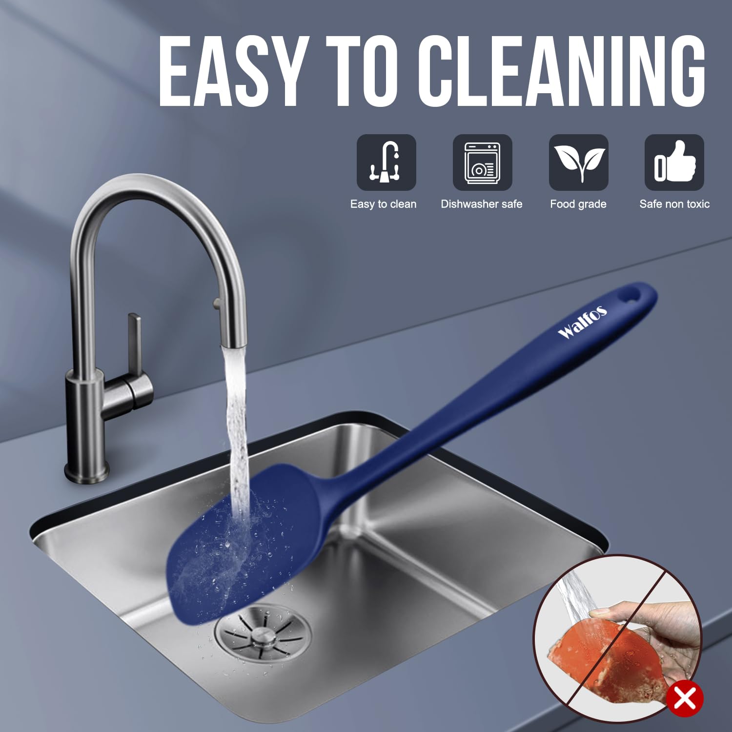 Walfos navy spatula features ergonomic handle for comfortable long use.