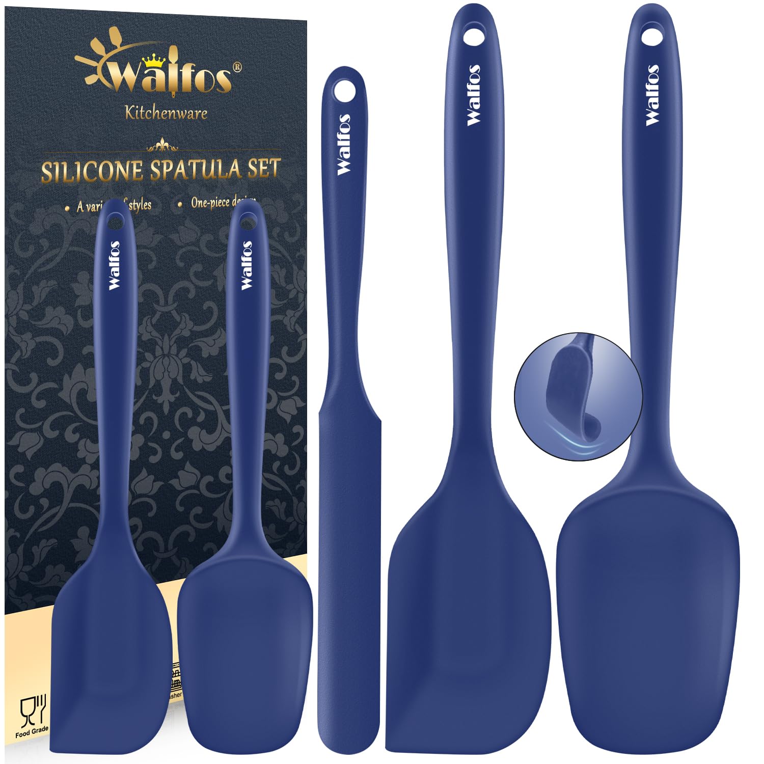 Walfos navy silicone spatula set protects cookware and resists sticky residues.