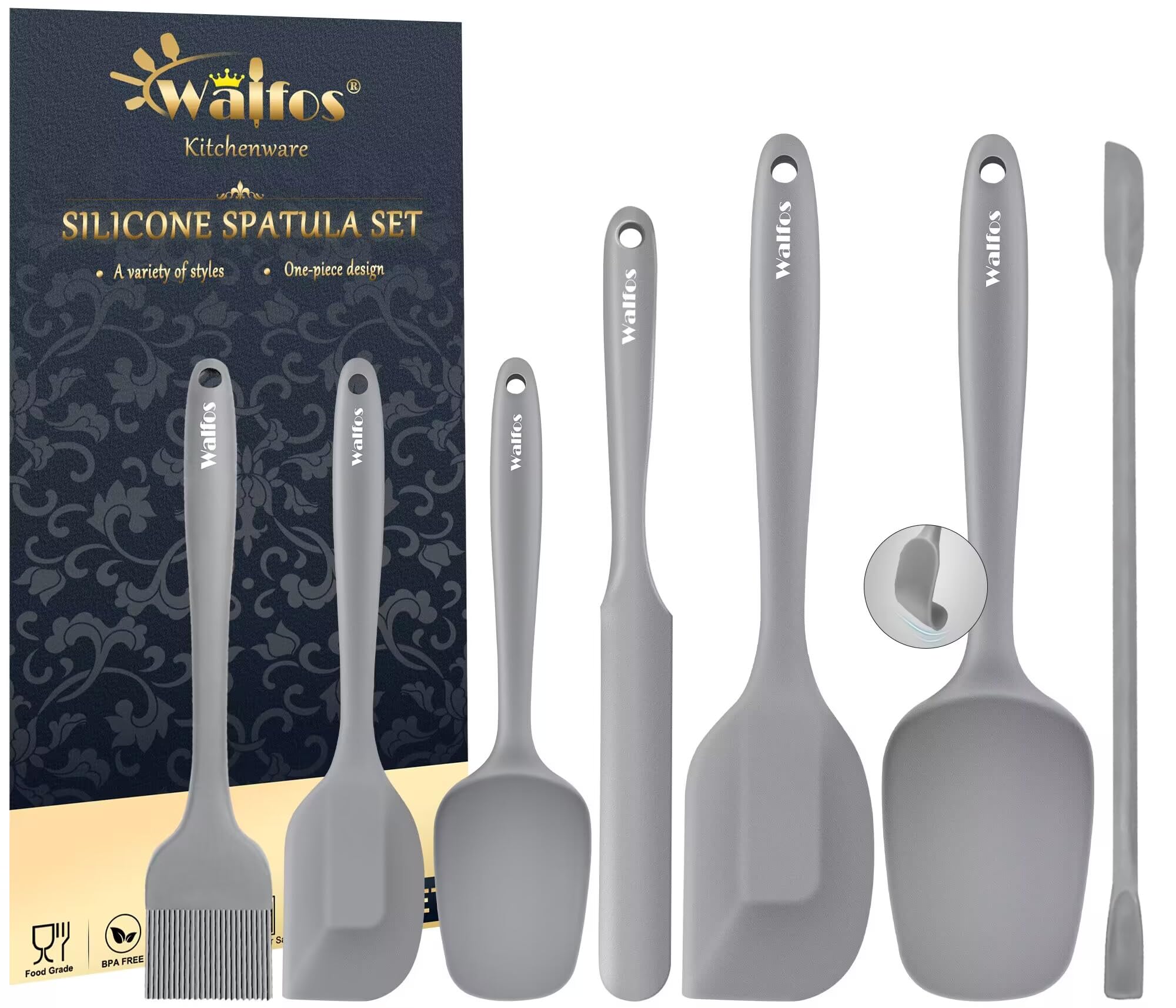 Walfos silicone spatula set seven-piece collection for cooking and baking.