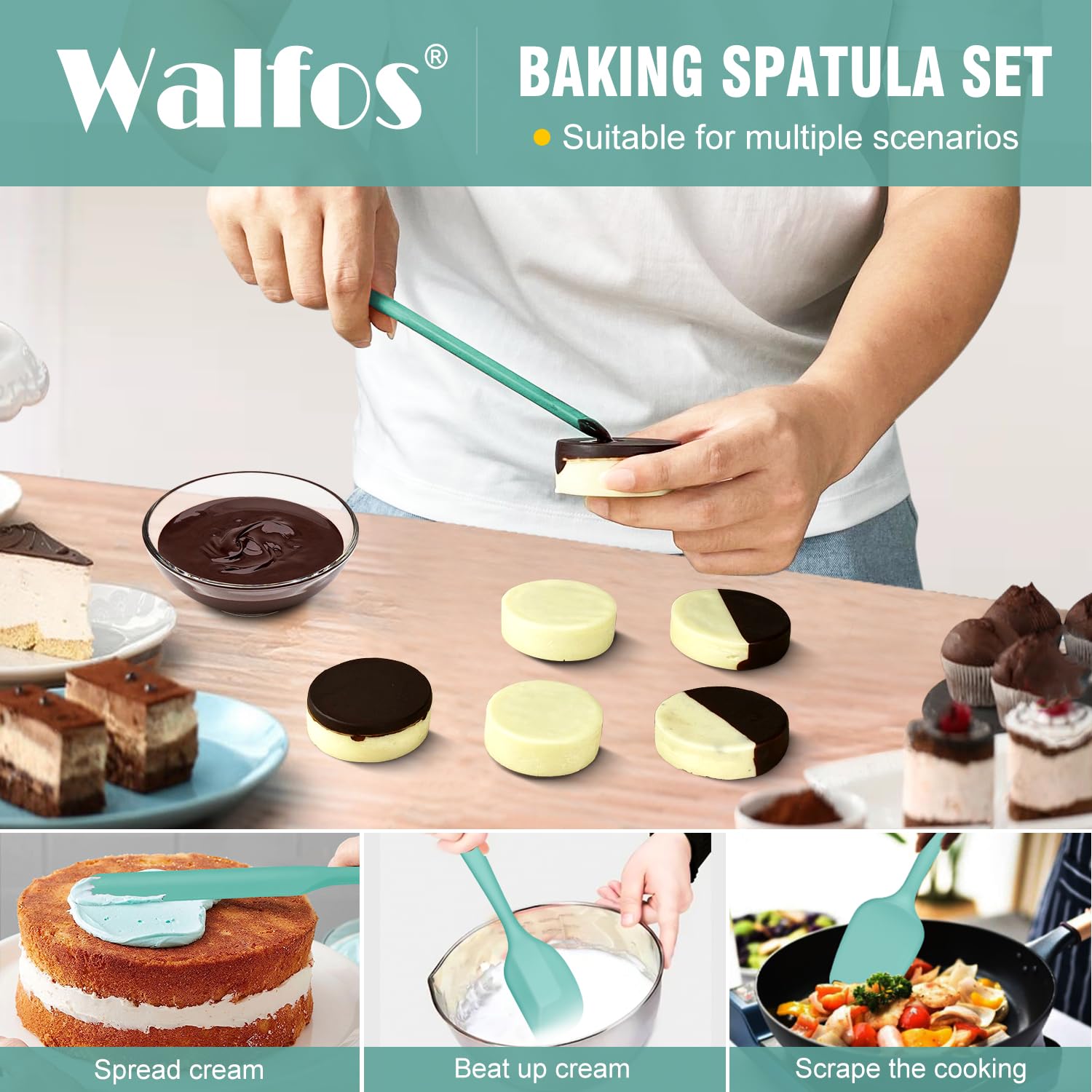 Walfos silicone spatula with stainless steel core for durable, long-lasting performance.