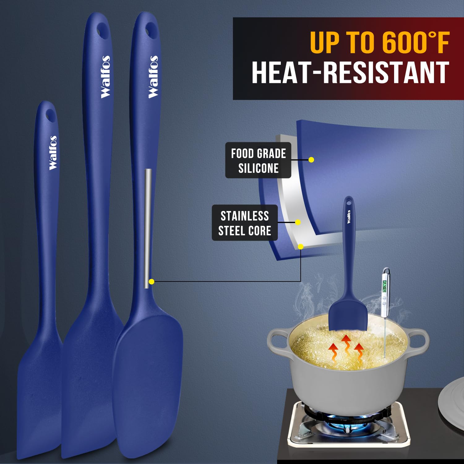 Walfos spatula with steel core ensures durable high heat cooking performance.