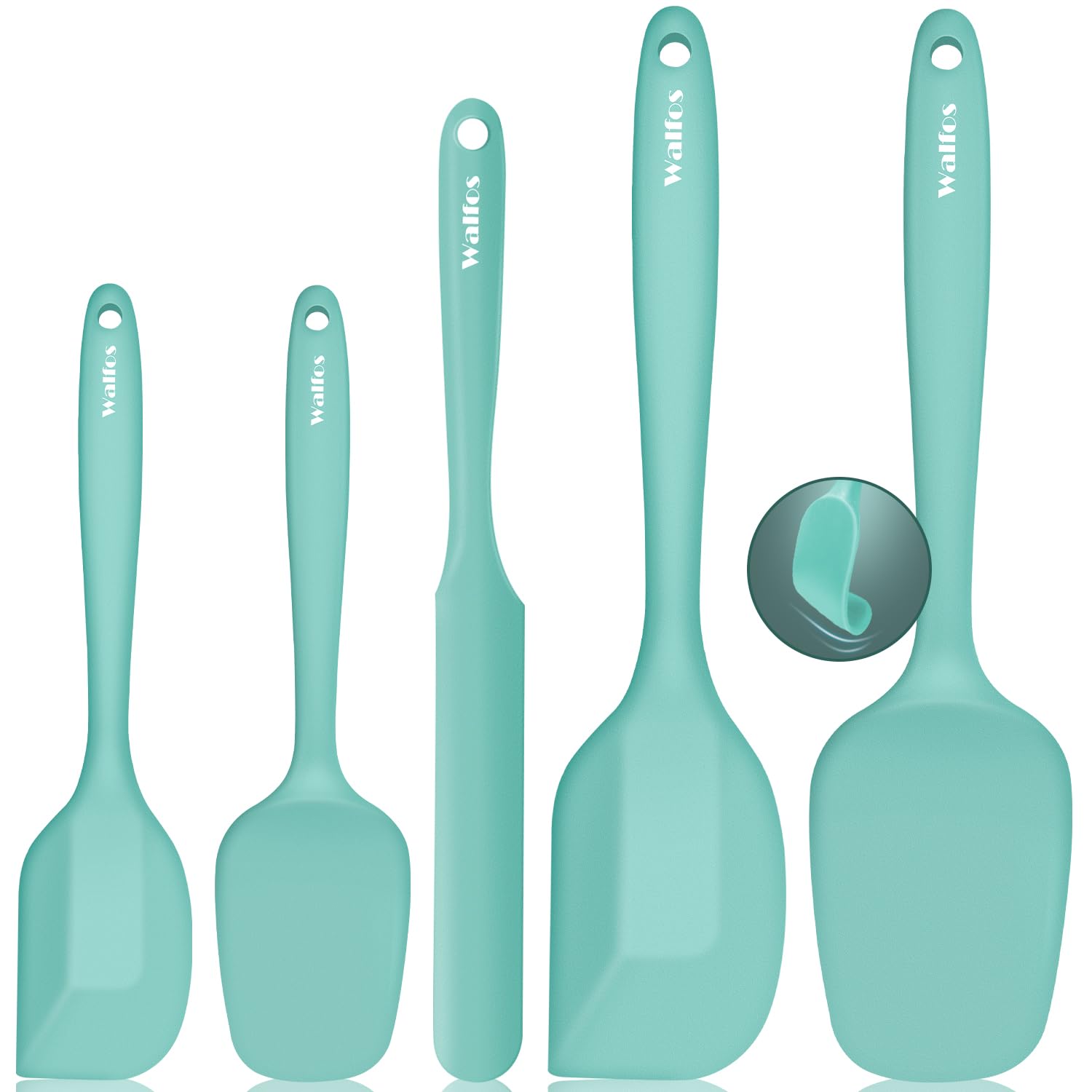 Walfos silicone spatula teal set of five for safe, non-stick cooking and easy cleanup.