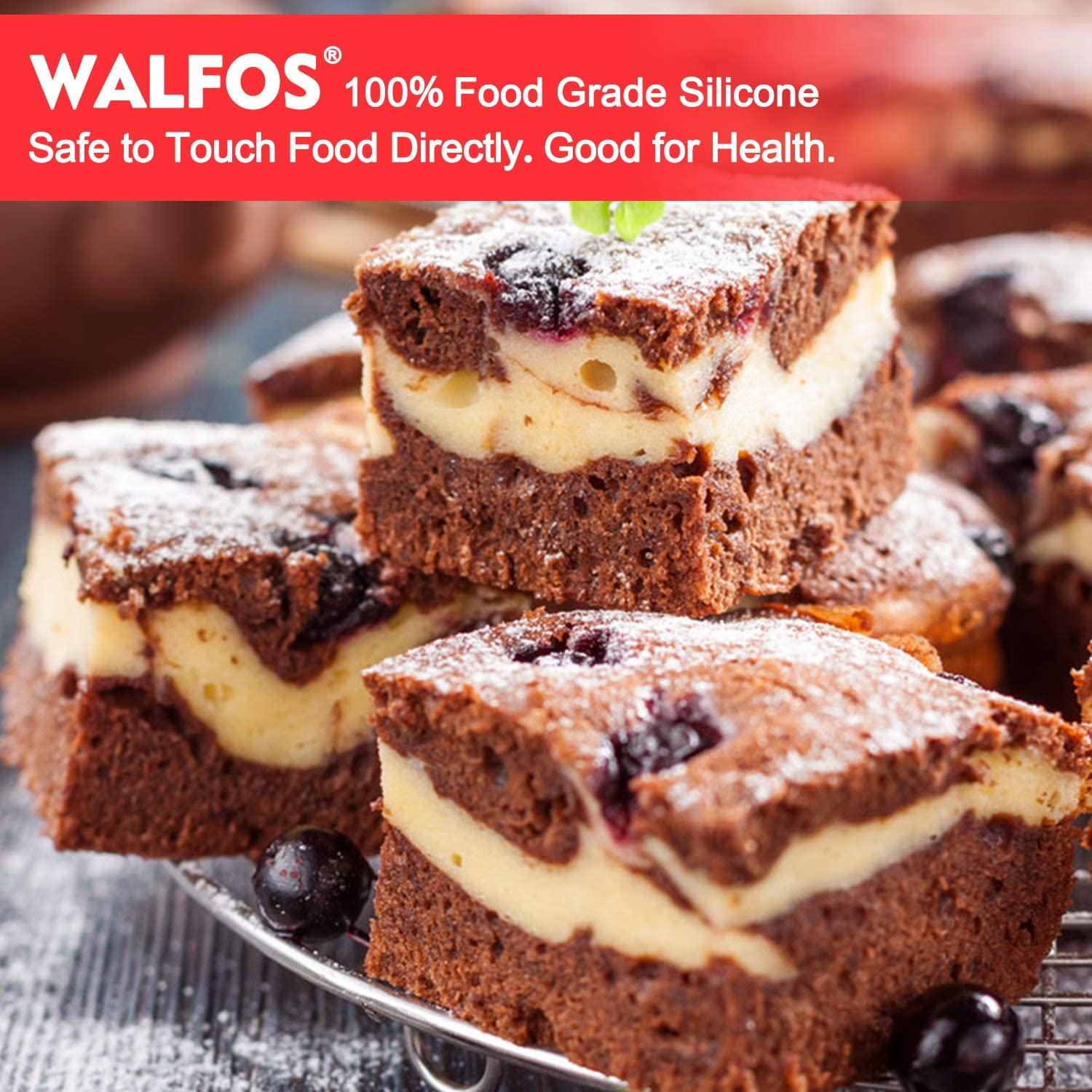 Walfos silicone square cake pan, detailed-edges, keeps batter contained for neat slices.