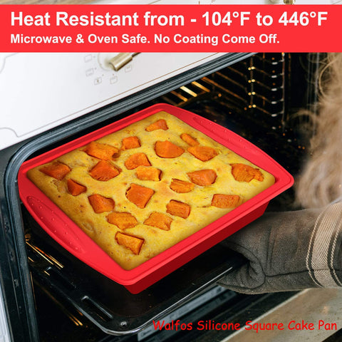 Walfos silicone square cake pan, inside view, non-stick surface for easy release of brownies.