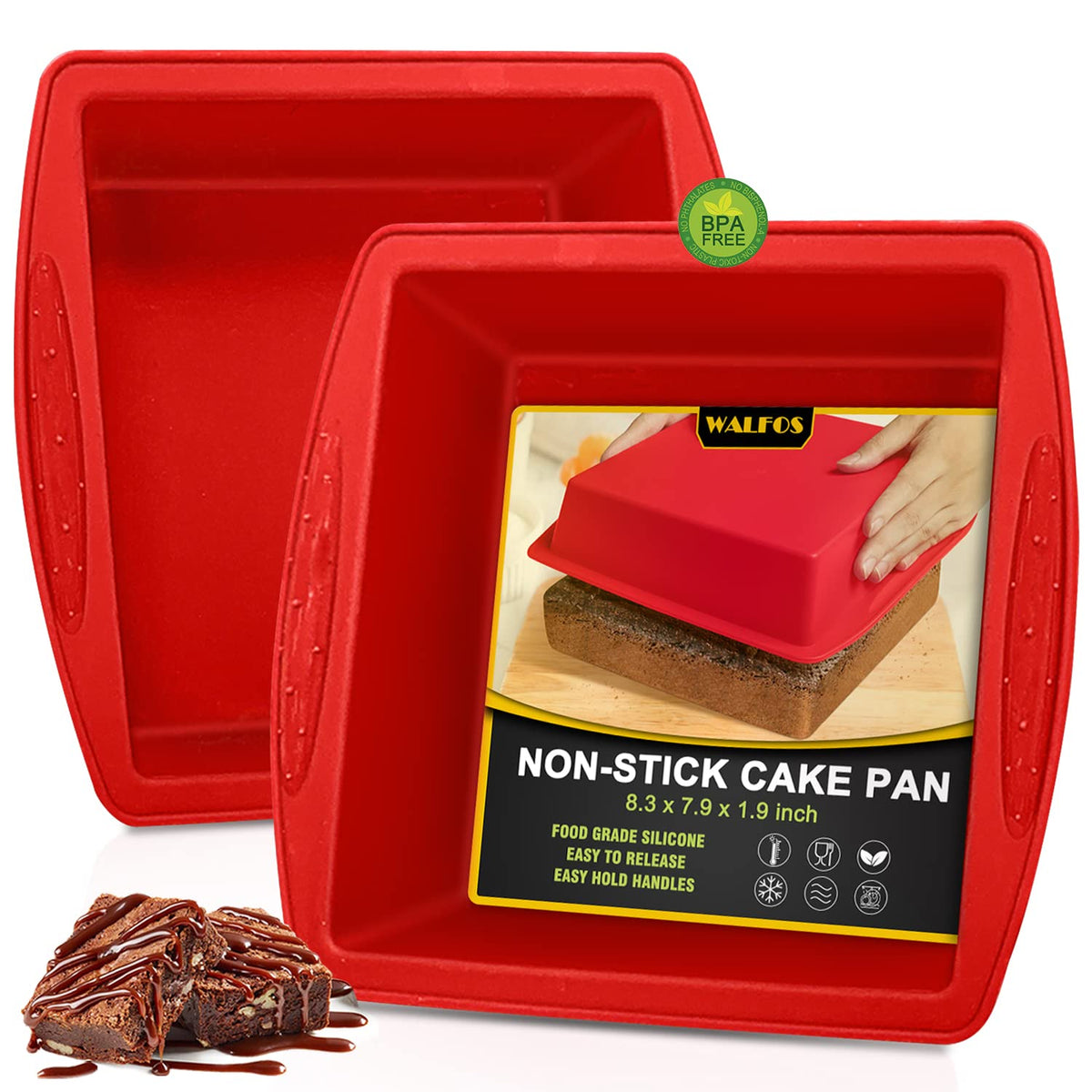 Walfos silicone square cake pan 8-inch red, outside view, durable and oven-safe for everyday bakes.