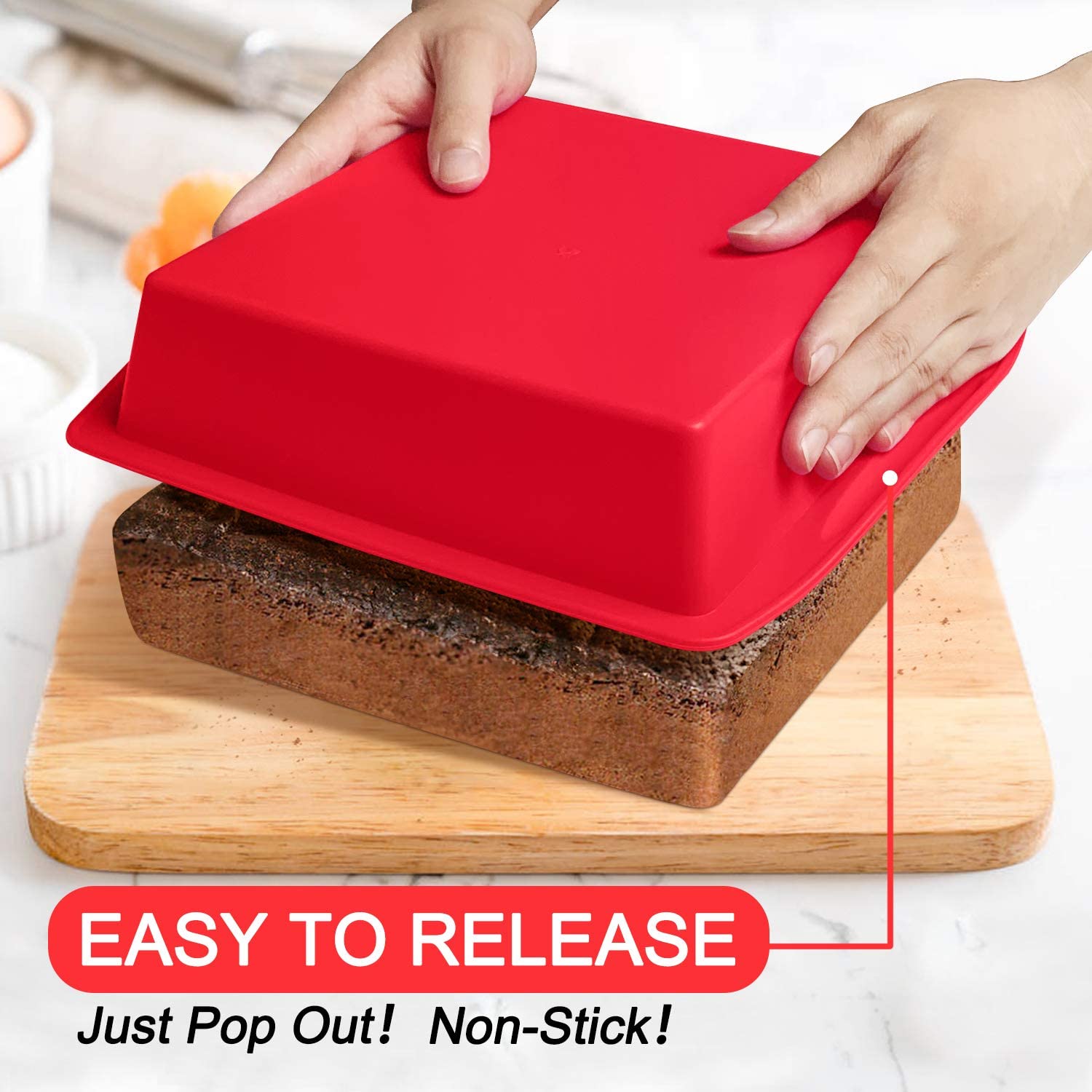 Walfos silicone square cake pan, release feature, flexible mold makes cakes pop out cleanly.