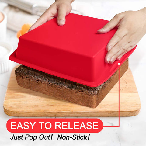 Walfos silicone square cake pan, release feature, flexible mold makes cakes pop out cleanly.