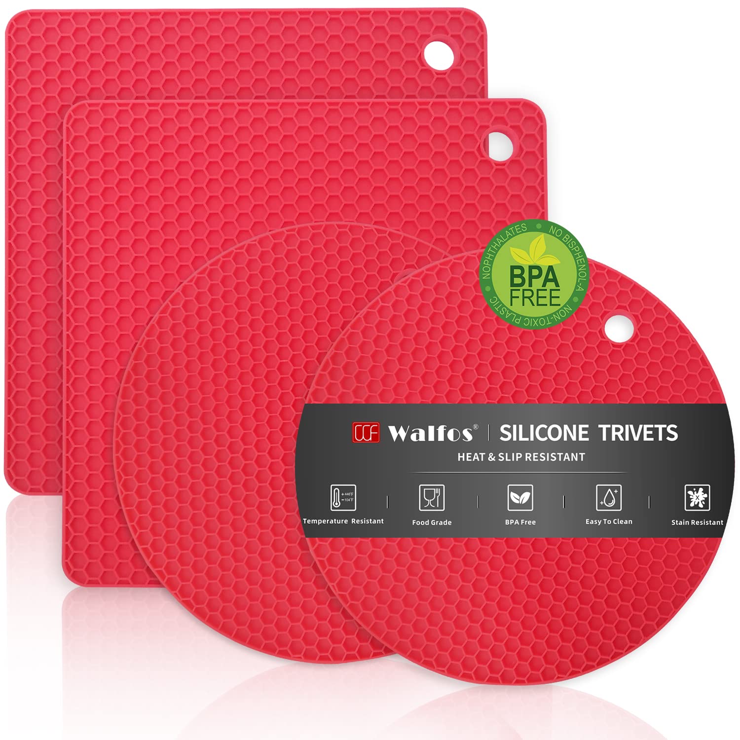 Walfos silicone trivet mat in red heat-resistant pad protecting countertops from hot pots.