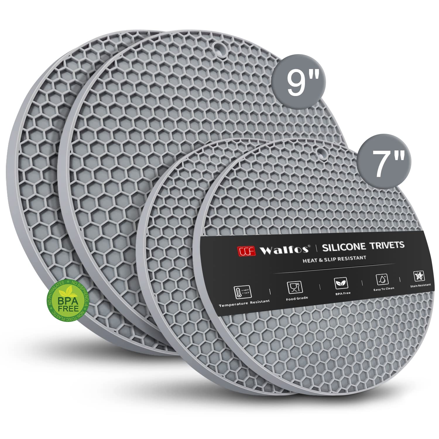 Walfos silicone trivet mats in 7.1-inch size provide sturdy heat protection for hot pots.
