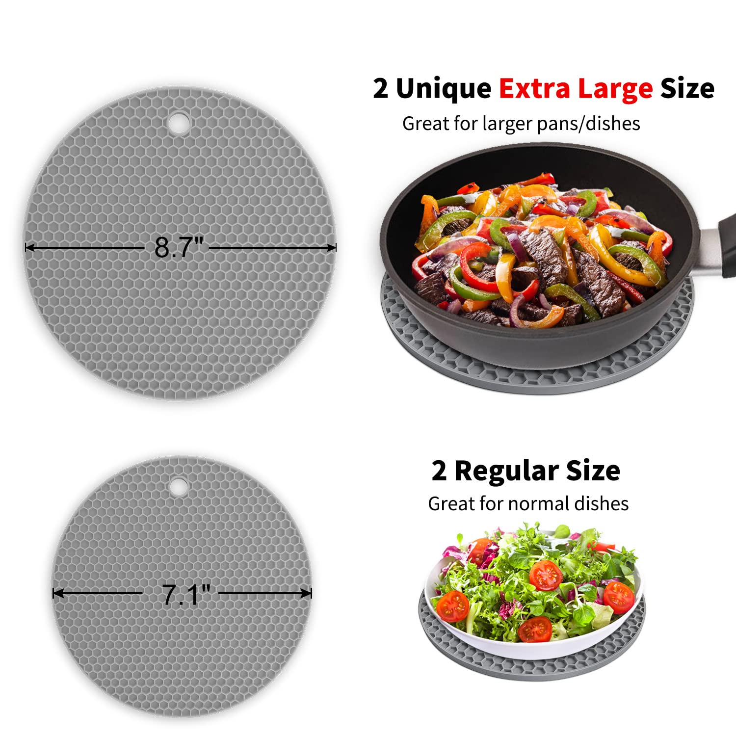 Walfos silicone trivet mats in 8.7-inch size fit larger pots for safe handling.