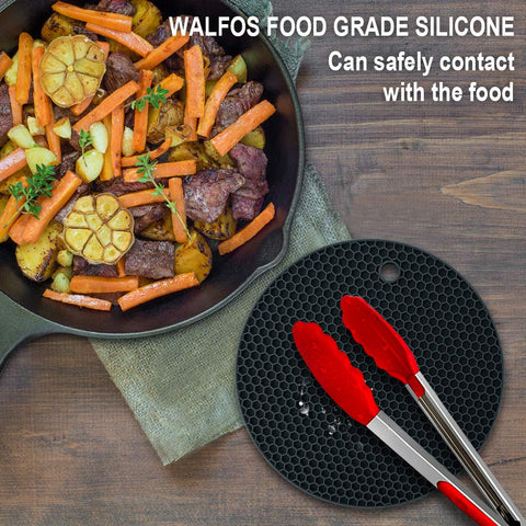 Walfos silicone trivet mats dishwasher-safe for easy cleaning.