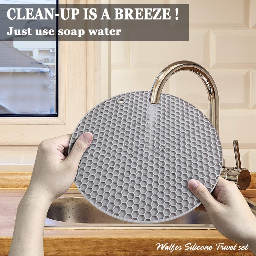 Walfos trivet mats include hanging holes for space-saving kitchen organization.