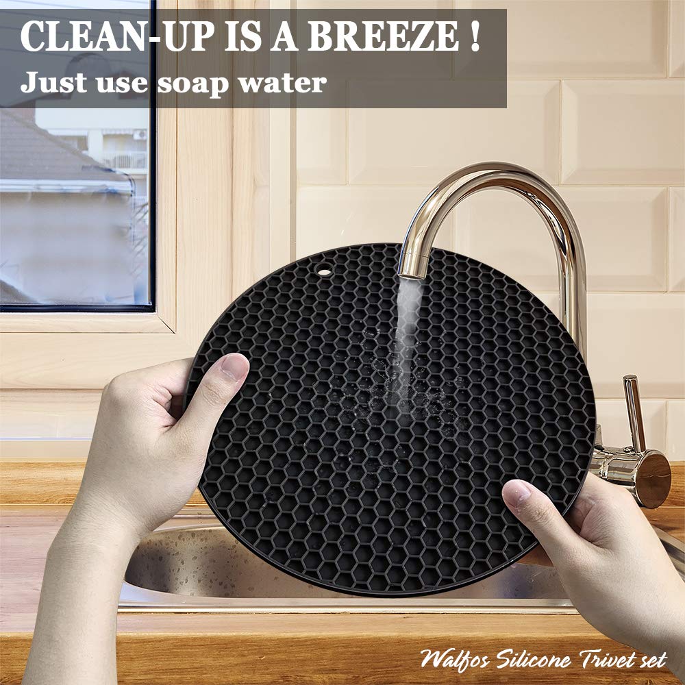 Walfos silicone trivet mats hanging-storage design saves kitchen space.