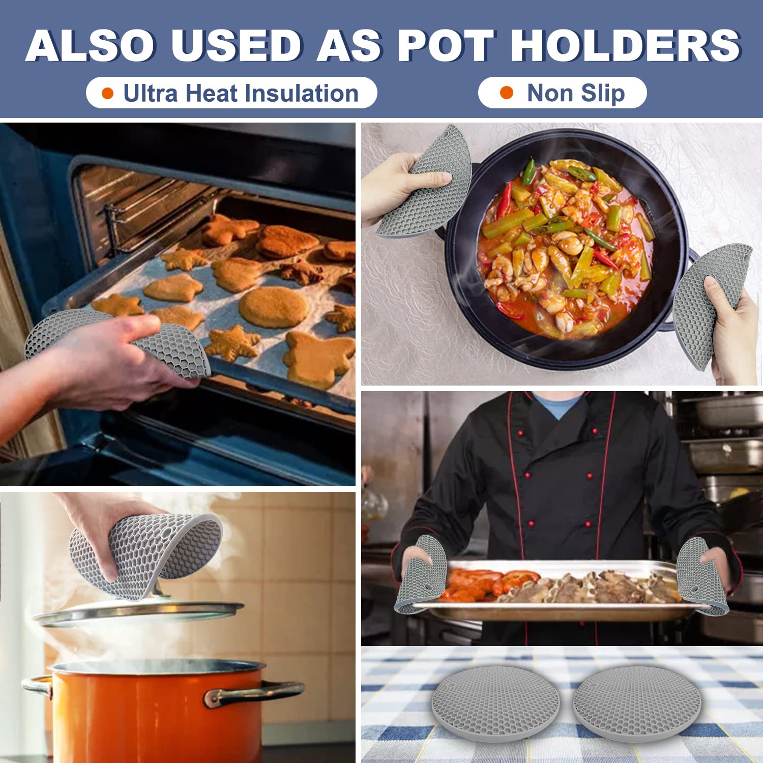 Walfos trivet mats feature a non-slip honeycomb design for better grip.