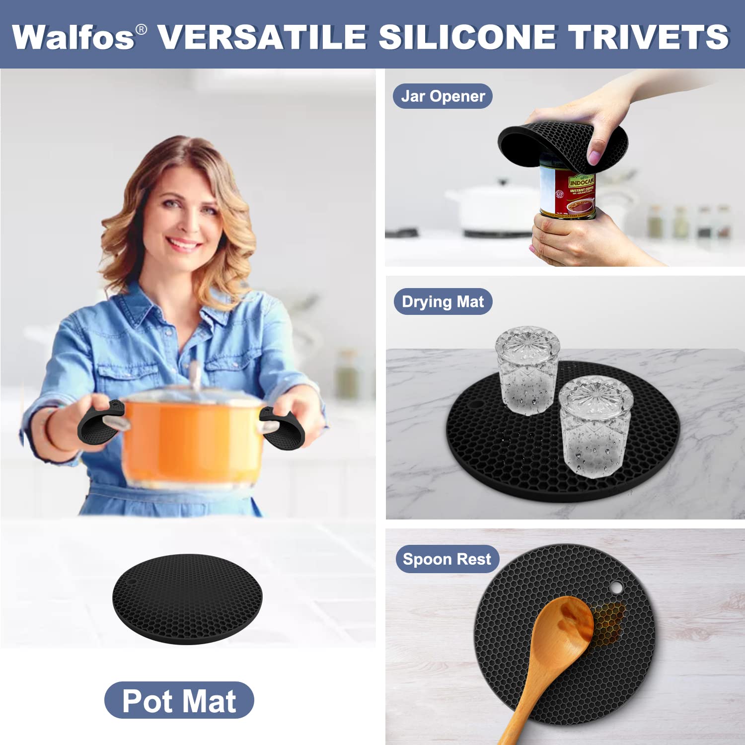 Walfos silicone trivet mats non-slip honeycomb design prevents sliding on surfaces.