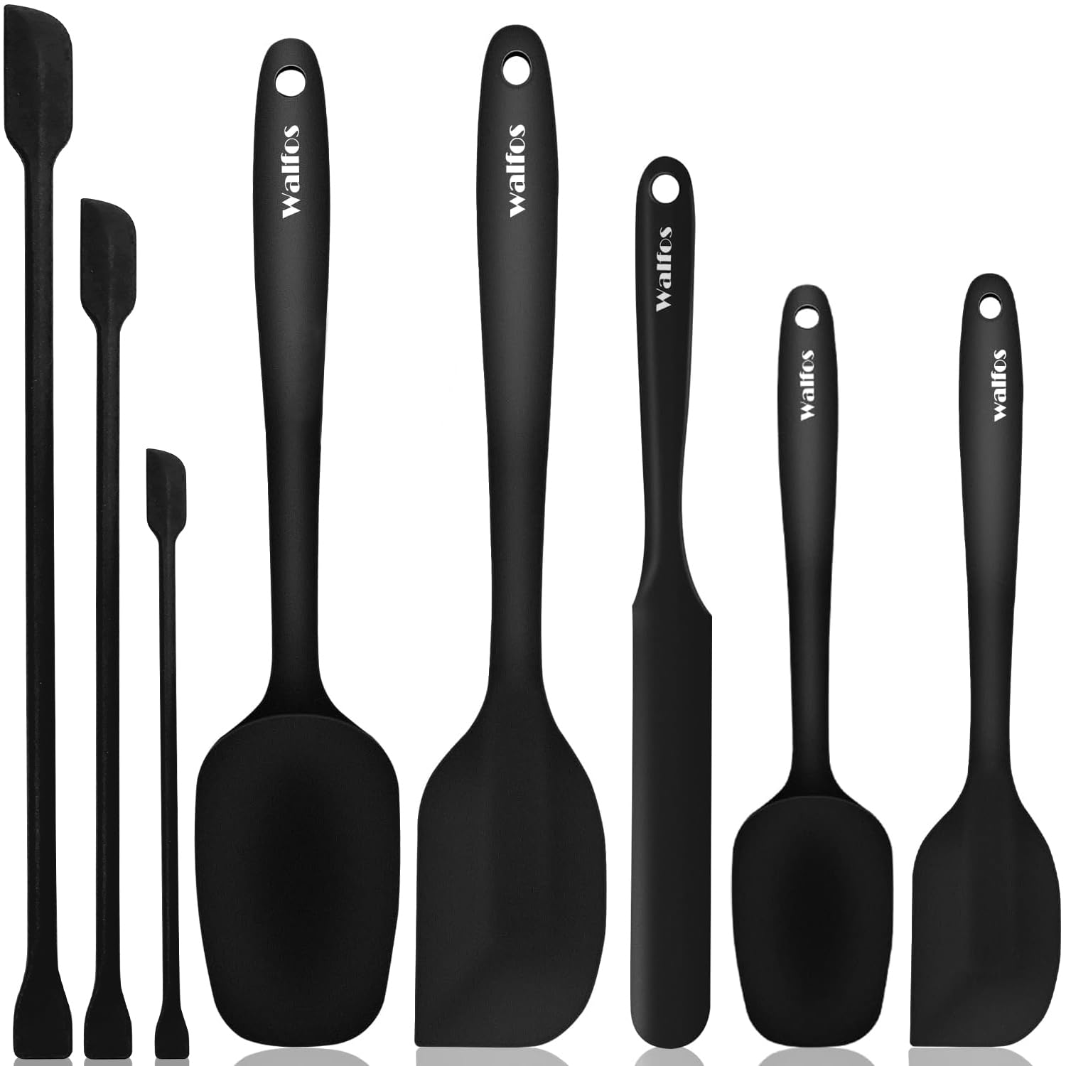 Walfos eight-piece spatula set shown for versatile cooking tasks on non-stick cookware.