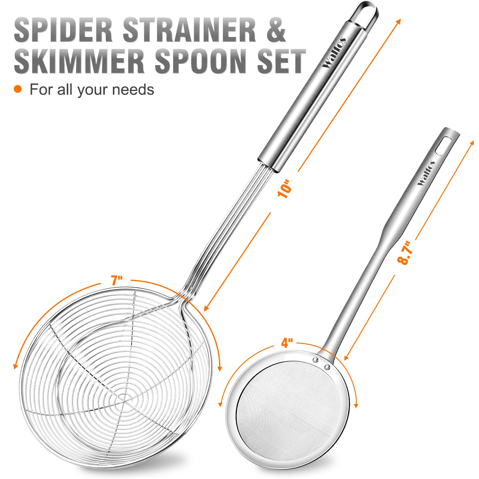 Walfos spider strainer long handle protects hands from oil splashes.
