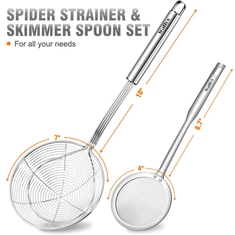 Walfos spider strainer long handle protects hands from oil splashes.