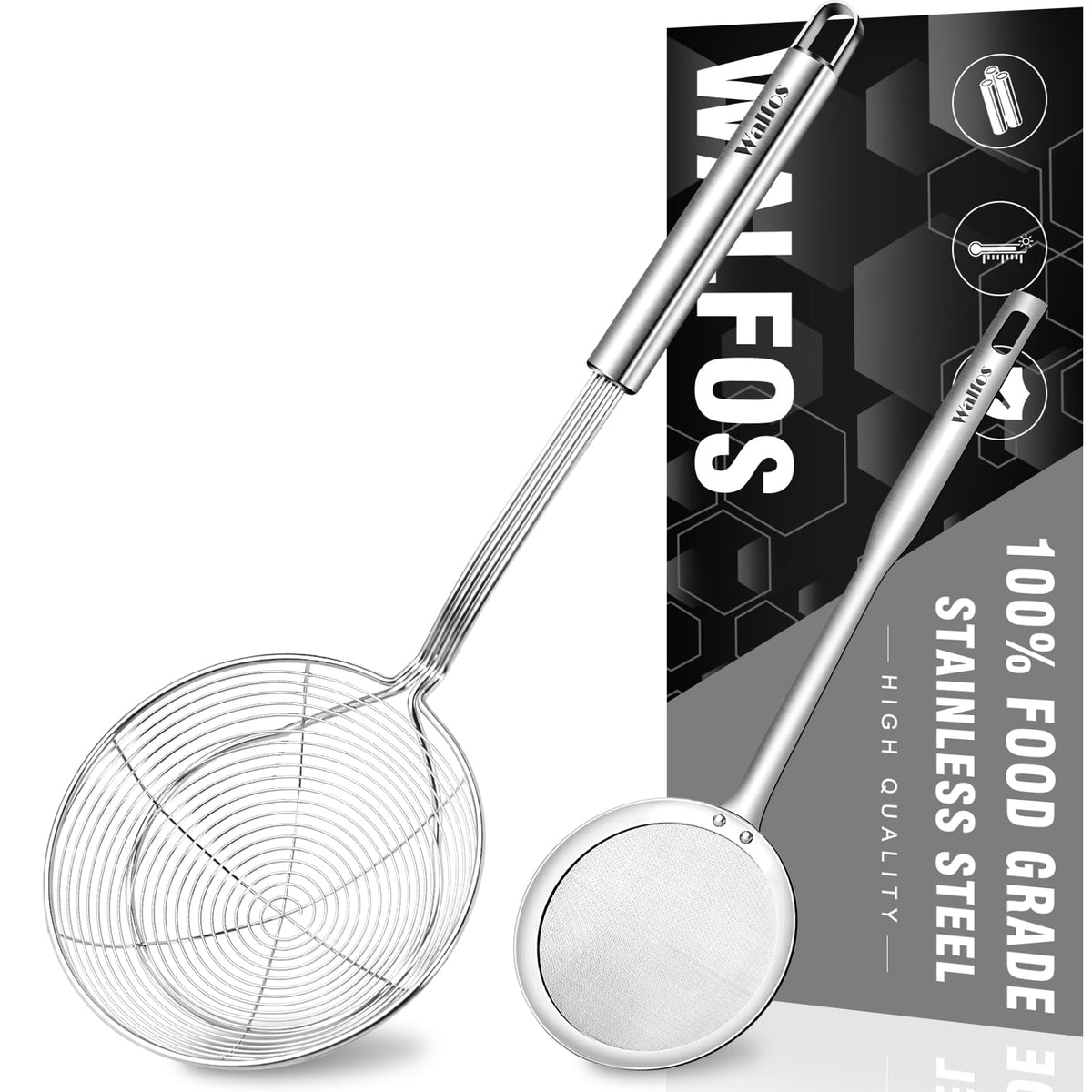 Walfos spider strainer 7-inch bowl safely drains fried foods for quick cooking.
