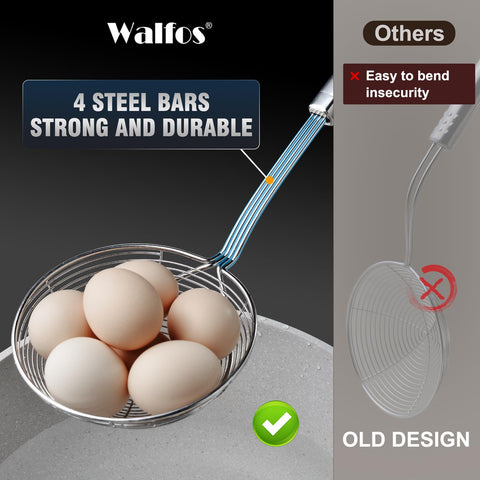 Walfos Spider Strainer shows ergonomic long handle for safer cooking