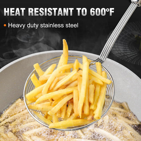 Walfos spider strainer heat resistant up to 600°F for high temp cooking.