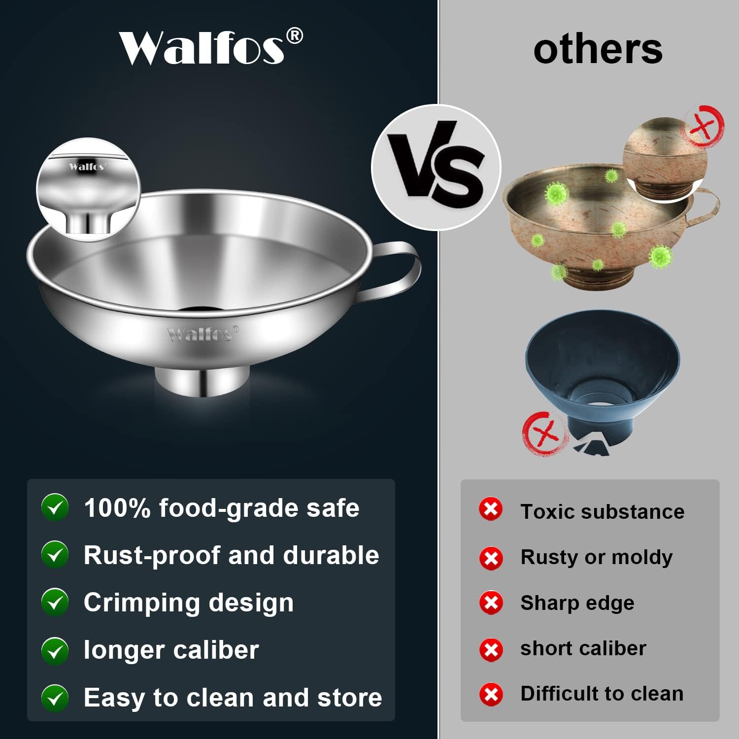 Walfos stainless steel funnel over a mason jar for mess-free canning