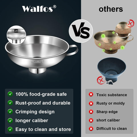 Walfos stainless steel funnel over a mason jar for mess-free canning
