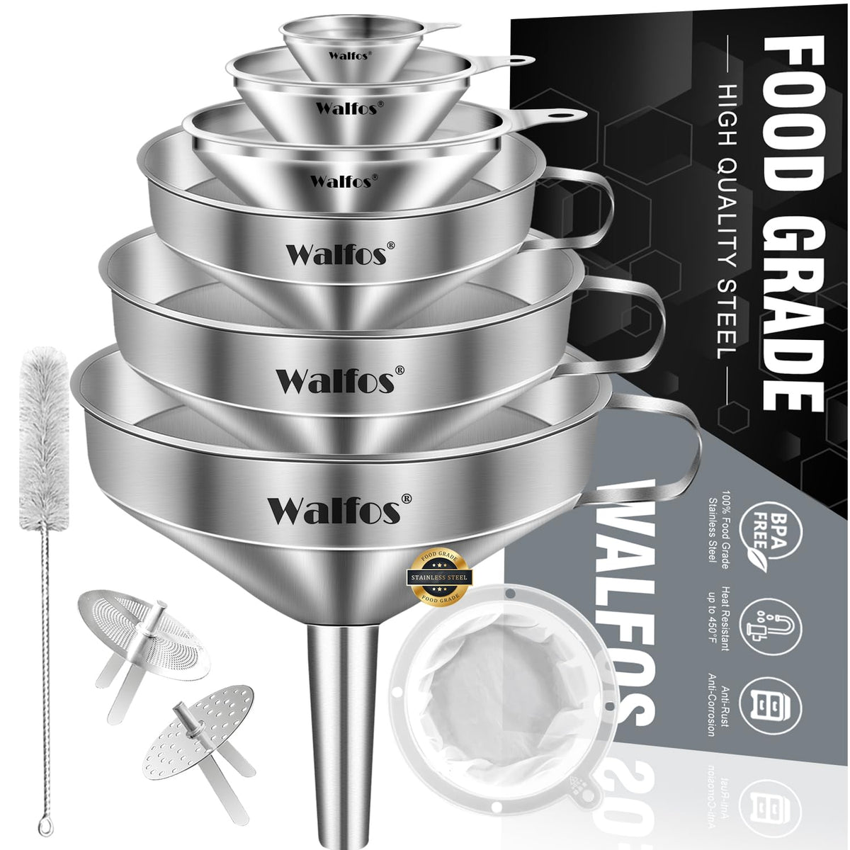Walfos stainless steel funnel set with six sizes for precise pouring