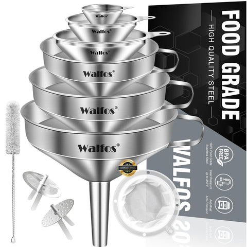 Walfos stainless steel funnel set with six sizes for precise pouring