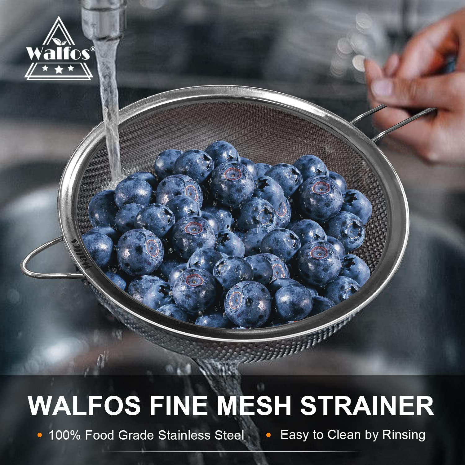 Walfos stainless steel strainer frame highlights durable construction.