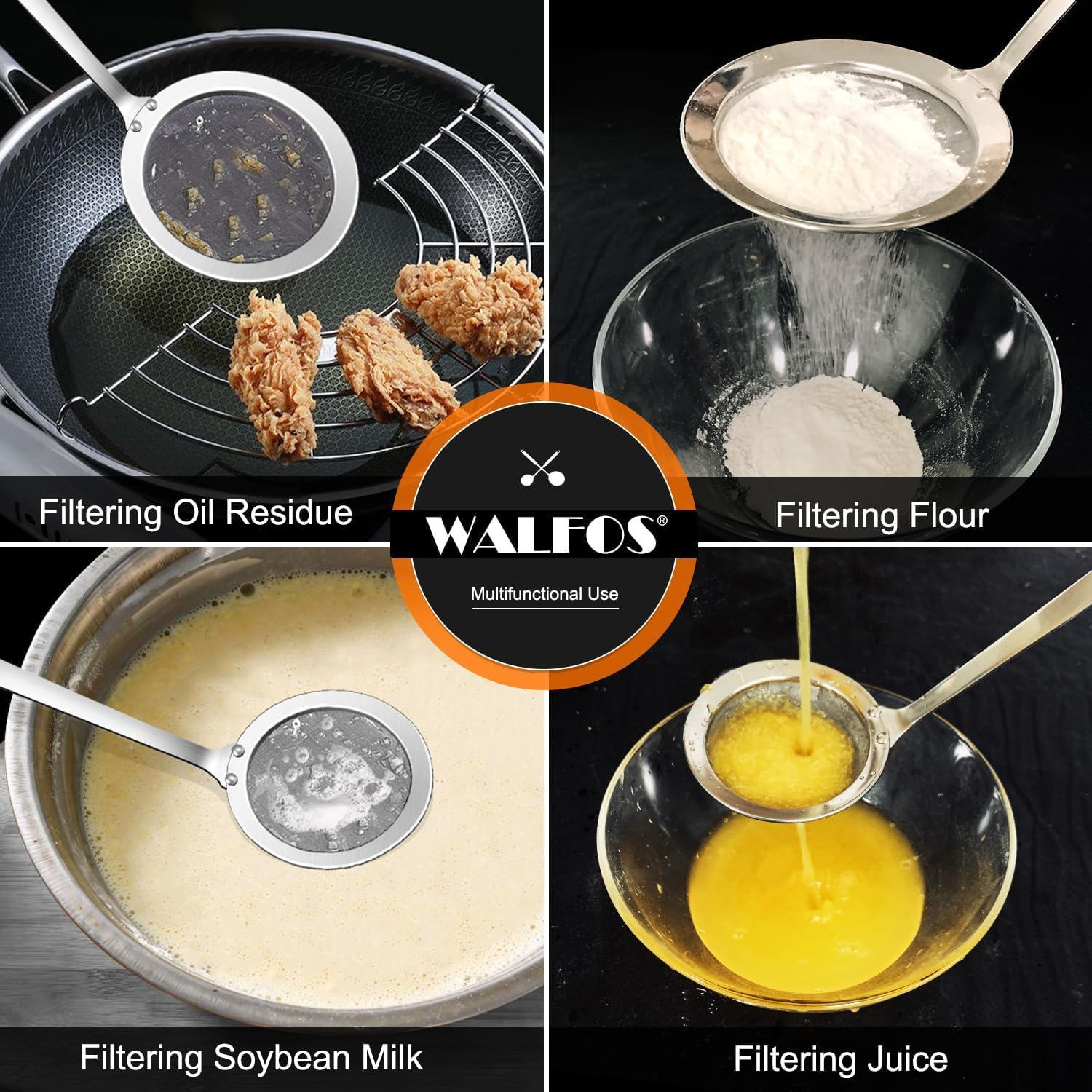 Walfos strainer close-up showing sturdy frame design and tight weave.