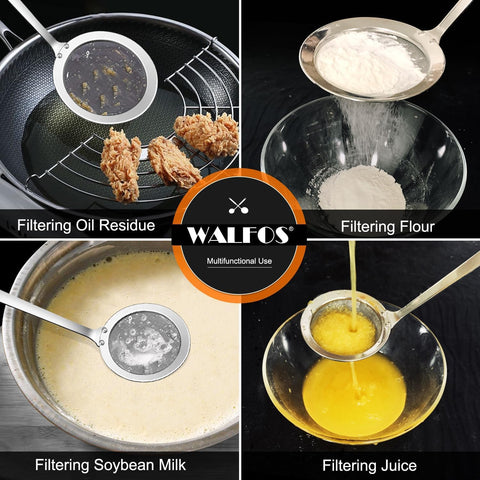 Walfos strainer close-up showing sturdy frame design and tight weave.