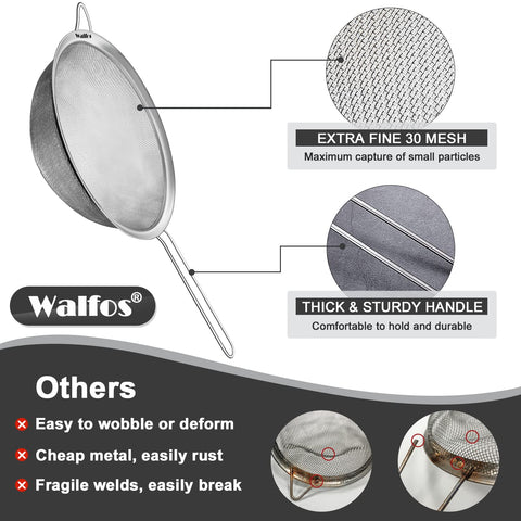 Walfos strainer with hanging ear for space-saving storage.