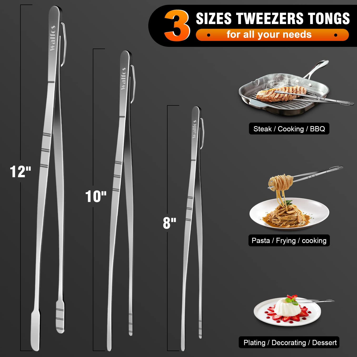 WALFOS 10-inch tongs lifting pasta with clean grip