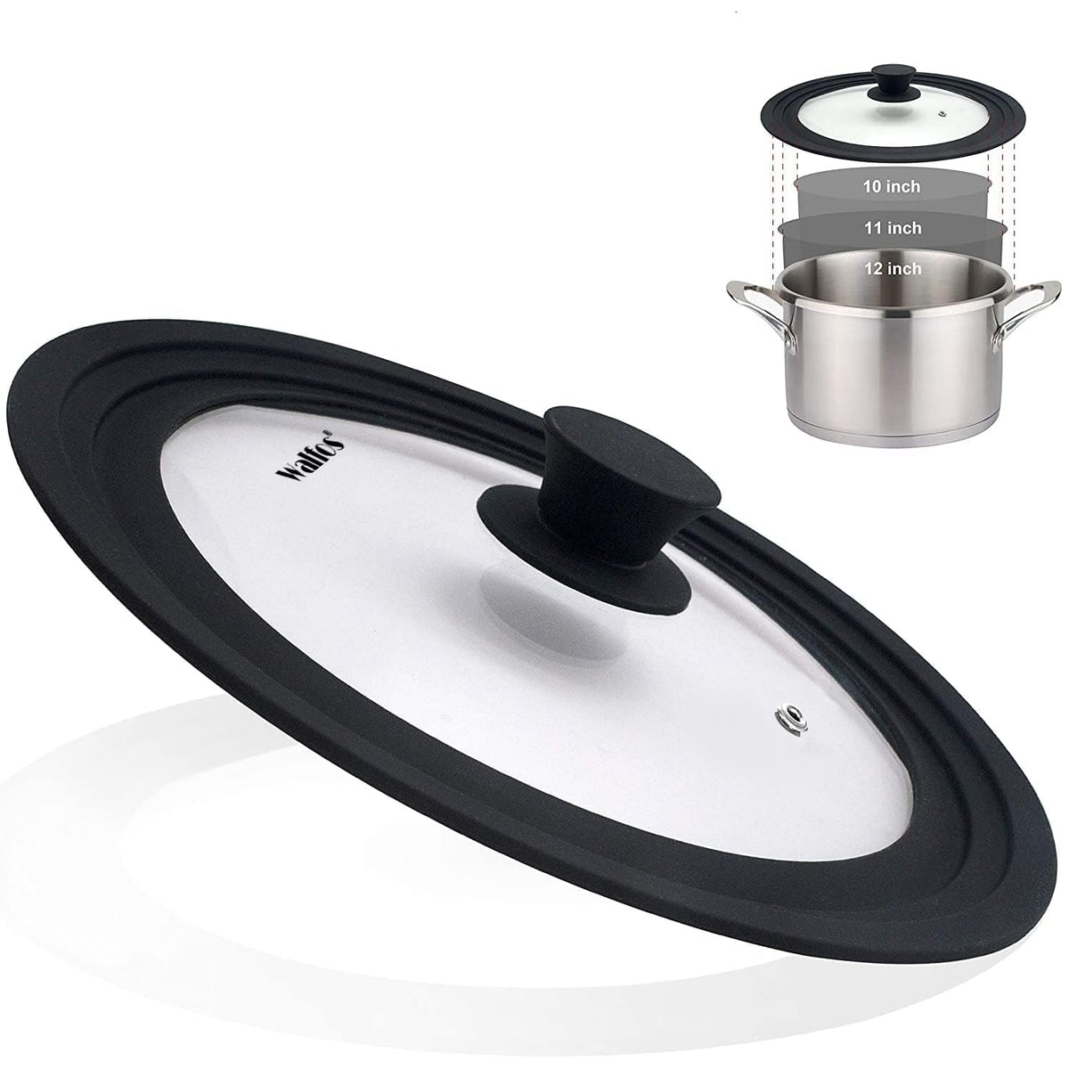 Walfos universal lid on a 10-inch pot; clear glass for quick monitoring
